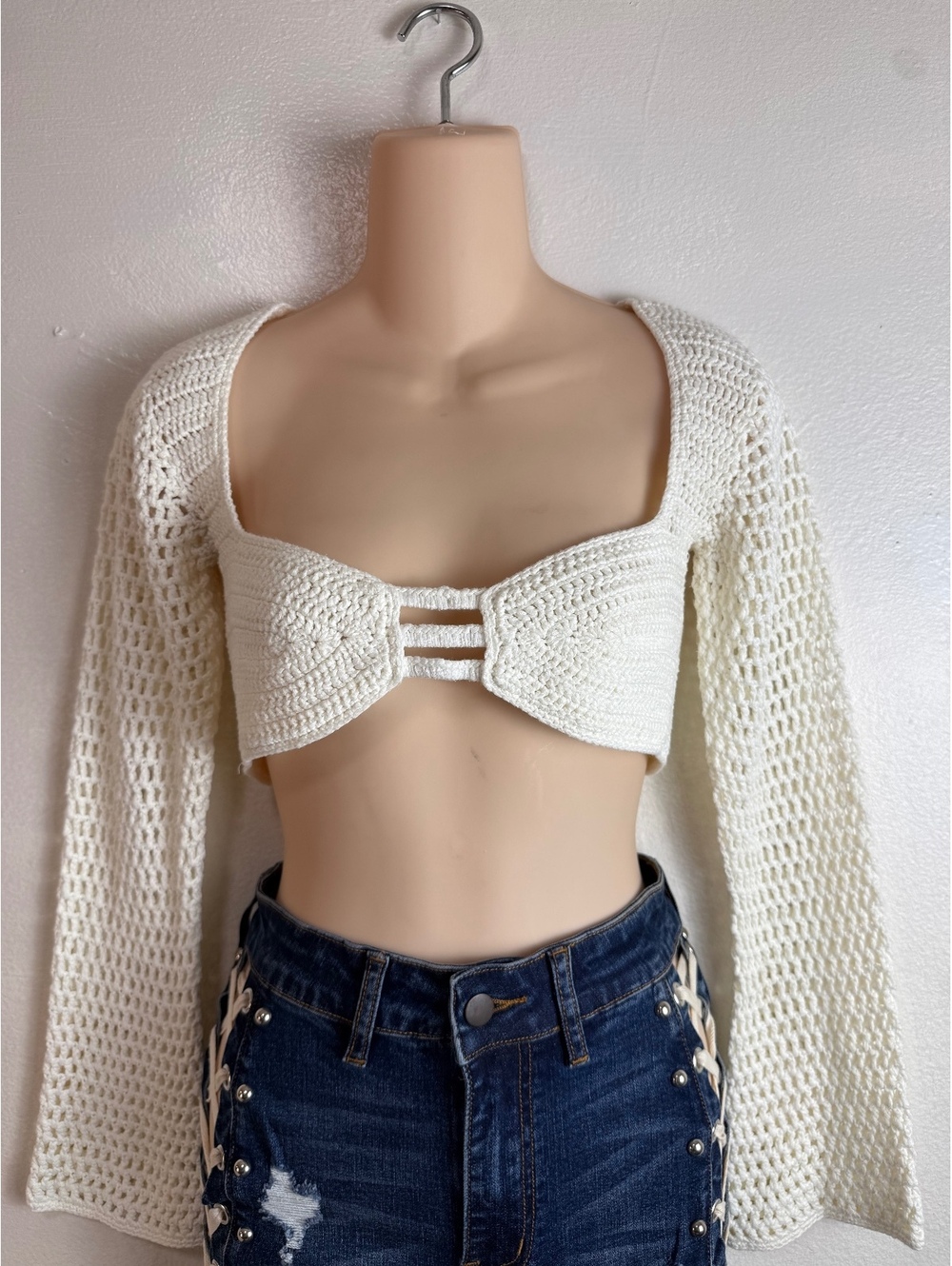 Tiger Mist White Crochet Open Back Tie Long Sleeve Crop Top XS